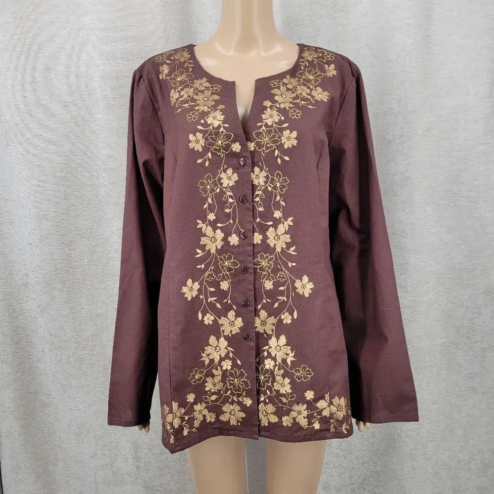 Brown Linen Cotton Embroidered Floral Metallic Gold Print Long Sleeve Tunic Top